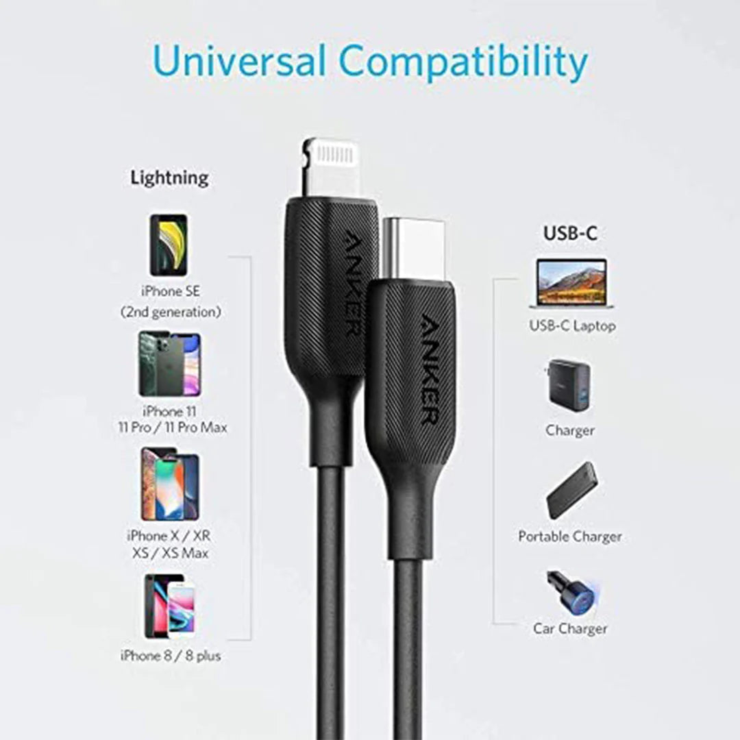 ANKER A8832H11 POWERLINE III USB-C CABLE W/ LIGHTNING CONNECTOR 3FT- BLACK