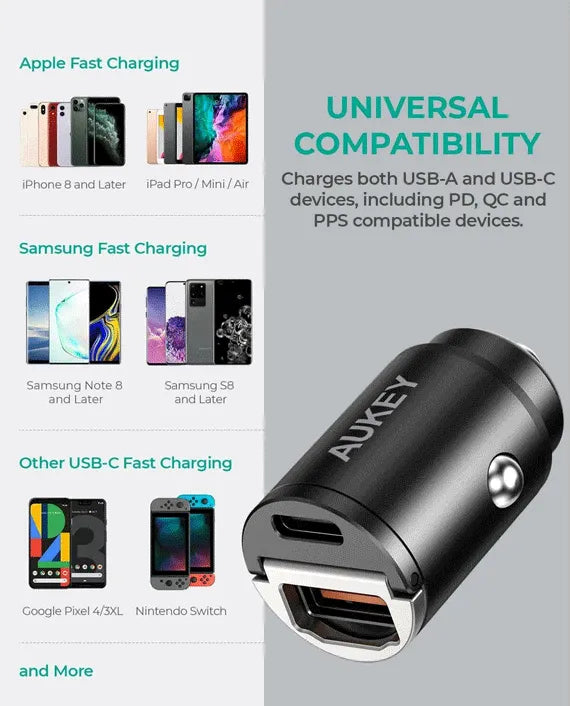 AUKEY ENDURO NANO AC 30W 2-PORT CAR CHARGER