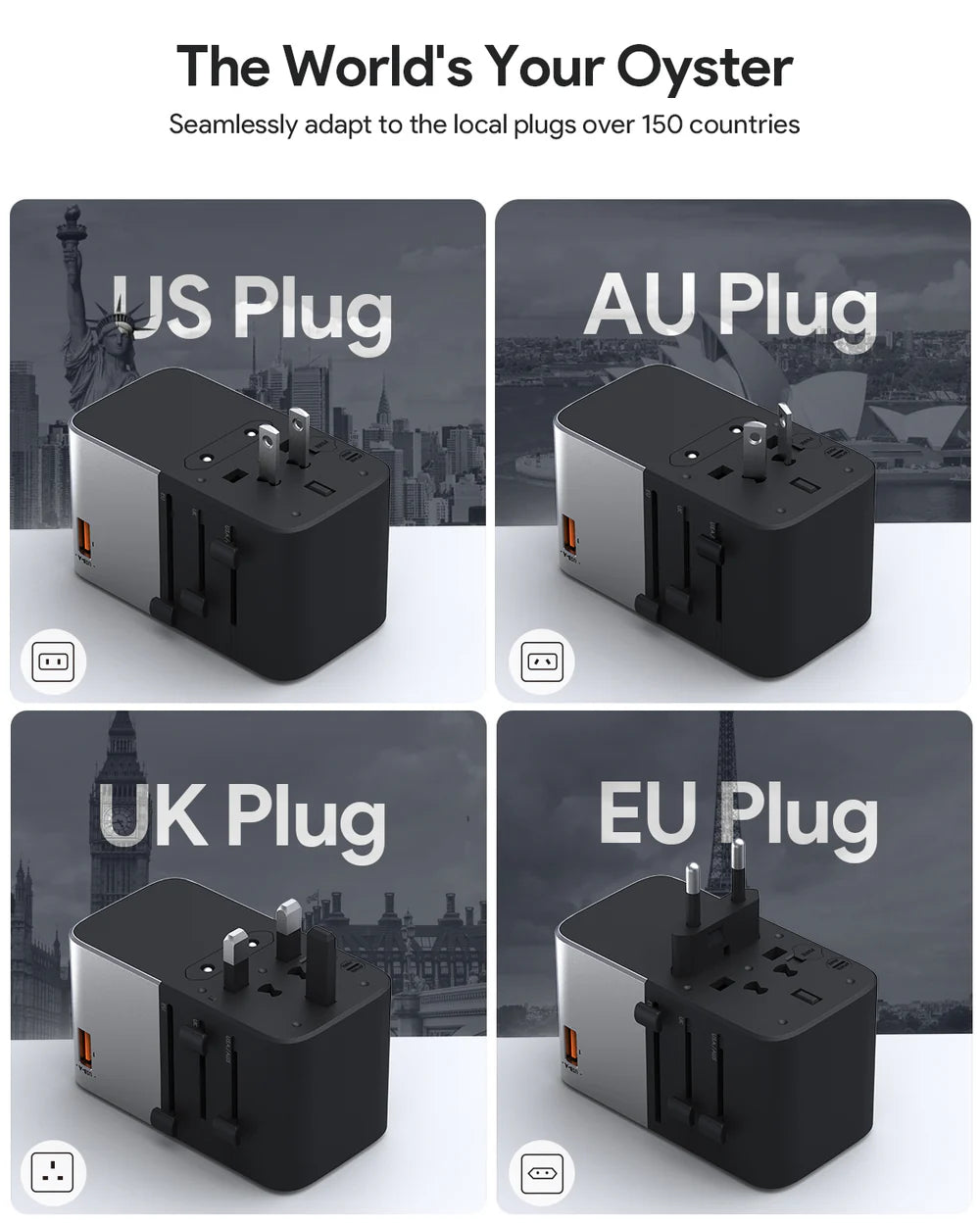 AUKEY TRAVEL MATE 100W GAN UNIVERSAL ADAPTER WITH USB PORT