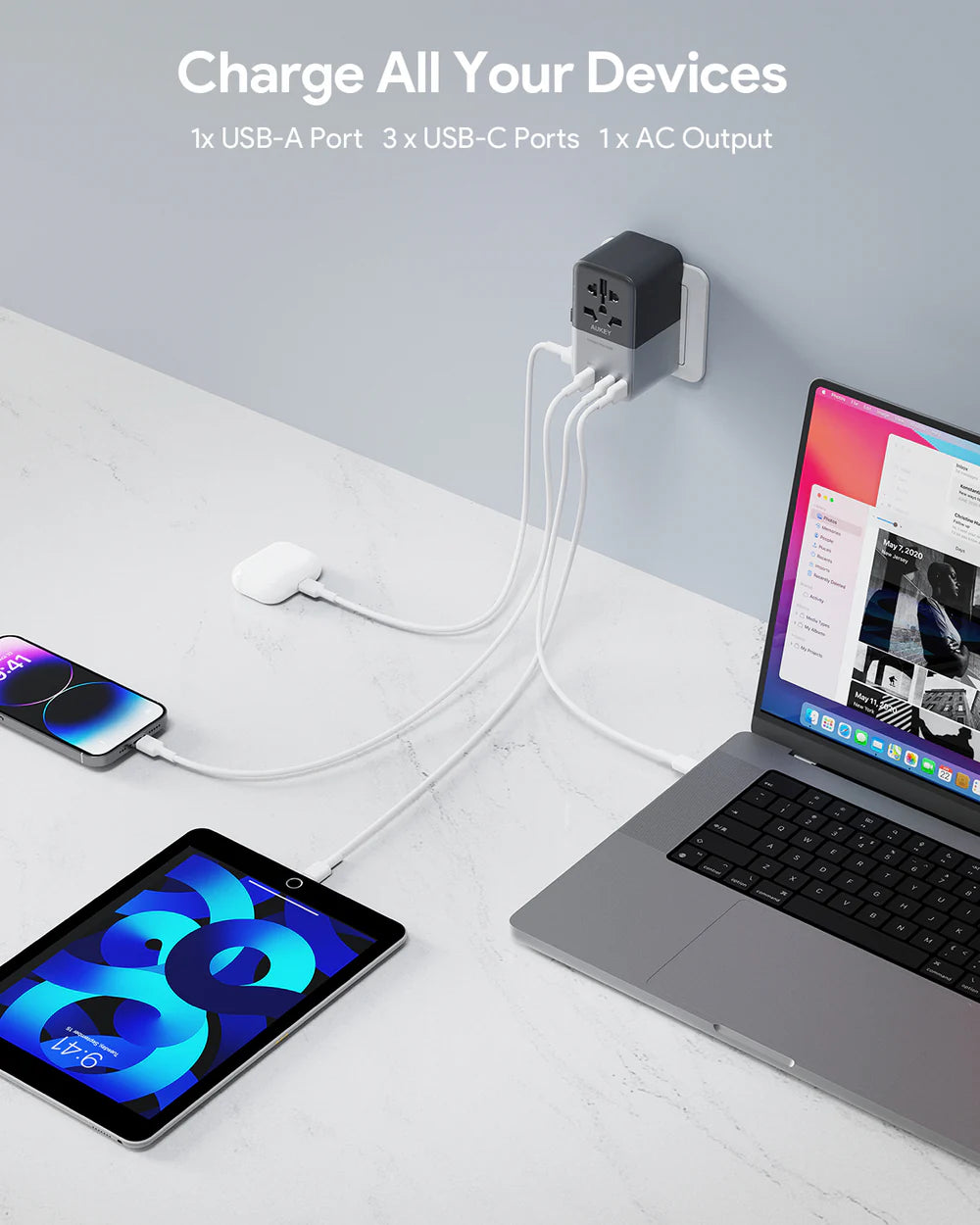 AUKEY TRAVEL MATE 100W GAN UNIVERSAL ADAPTER WITH USB PORT